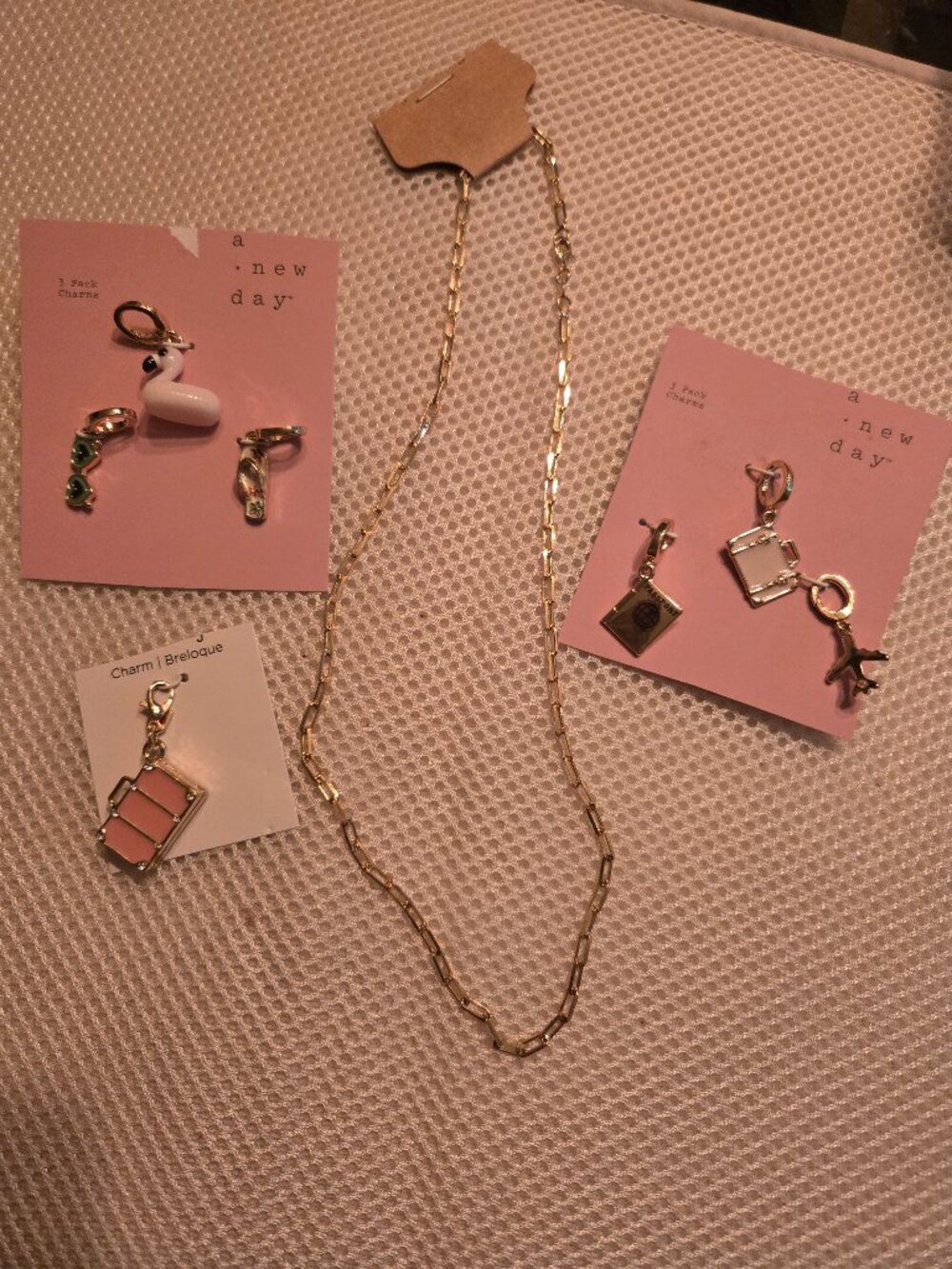 Summer travel themed charms & gold tone necklace to create your own charm neck